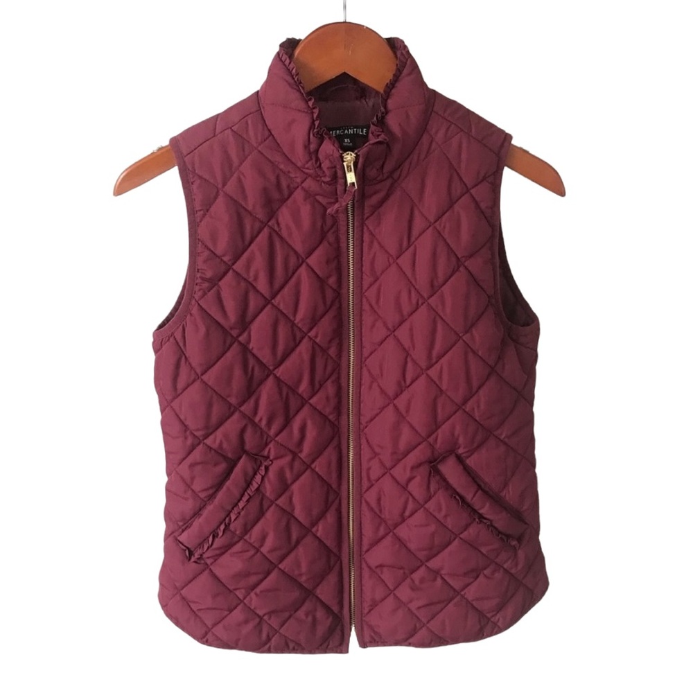 J. Crew Mercantile Ruffled Quilted Vest in Burgundy Zip-up Front